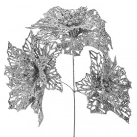 Χριστουγεννιάτικο Διακοσμητικό Κλαδί Λουλούδι Ασημί Glitter 26 cm