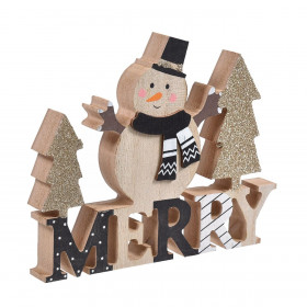Χριστουγεννιάτικο Διακοσμητικό Ξύλινο με Χιονάνθρωπο Μαύρο Λευκό Σαμπανί Glitter &quotMerry&quot 18cm