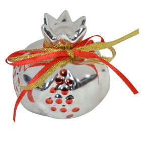 Χριστουγεννιάτικο Διακοσμητικό Γούρι Ρόδι Κεραμικό Ασημί Γυαλιστερό Καρποί Κορδέλες 6cm