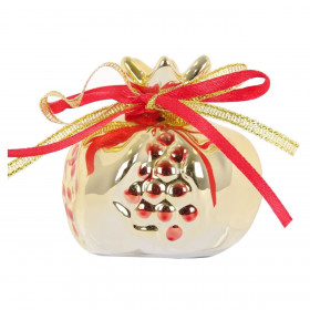 Χριστουγεννιάτικο Διακοσμητικό Γούρι Ρόδι Κεραμικό Χρυσό Γυαλιστερό Καρποί Κορδέλες 5cm