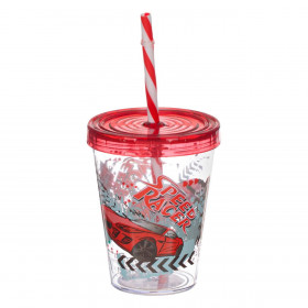 Ποτήρι Πλαστικό με Καλαμάκι Διάφανο Κόκκινο Αυτοκίνητα 450 ml