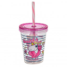 Ποτήρι Πλαστικό με Καλαμάκι Διάφανο Ροζ Μονόκερος 450 ml