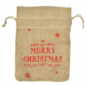 Χριστουγεννιάτικο Πουγκί Δώρου Γιούτα Μπεζ Μήνυμα &quotMerry Christmas&quot 16x22cm