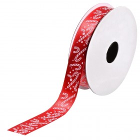 Xριστουγεννιάτικη Διακοσμητική Κορδέλα Δέντρου Kόκκινη Τύπωμα Μπαστούνια - 5 m x 15 mm