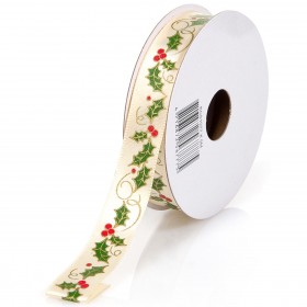 Xριστουγεννιάτικη Διακοσμητική Κορδέλα Δέντρου Mπεζ Χρυσή Γκι - 5 m x 15 mm