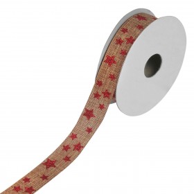 Χριστουγεννιάτικη Διακοσμητική Κορδέλα Δέντρου Καφέ Κόκκινα Αστέρια - 5 m x 15 mm