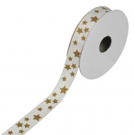 Χριστουγεννιάτικη Διακοσμητική Κορδέλα Δέντρου Μπεζ Χρυσά Αστέρια - 5 m x 15 mm