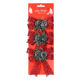 Χριστουγεννιάτικοι Διακοσμητικοί Φιόγκοι Κόκκινο Tinsel Κλαδί Κουκουνάρια Berries 12.5cm - 3 τμχ.