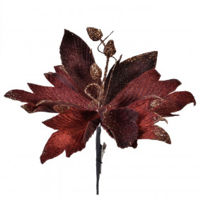 Χριστουγεννιάτικο Λουλούδι Κλιπ Αλεξανδρινό Καφέ Χρυσό Βελούδινο Glitter 24 cm