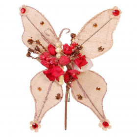  Χριστουγεννιάτικο Στολίδι Πεταλούδα Κλιπ Μπεζ Κόκκινα Λουλούδια Πούλιες 26 cm