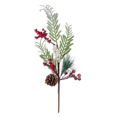 Χριστουγεννιάτικο Διακοσμητικό Κλαδί Έλατο Πεύκο Χιονισμένο Κόκκινα Λευκά Berries 45 cm