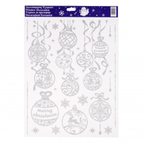 Χριστουγεννιάτικα Αυτοκόλλητα Διακοσμητικά Κρεμαστές Μπάλες Ασημί Glitter 30x42cm