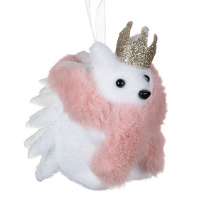 Χριστουγεννιάτικο Στολίδι Δέντρου Αφρώδες Λευκός Σκαvτζόχοιρος Ροζ Γούνα Στέμμα 10.5cm