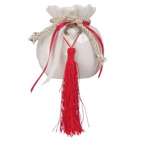 Γούρι Διακοσμητικό Πουγκί Κεραμικό Λευκό Πέταλο Κορδέλα 10 cm