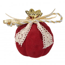 Χριστουγεννιάτικο Διακοσμητικό Γούρι Ρόδι Κεραμικό Κόκκινο Βελουτέ Μπεζ Κορδέλα 7cm