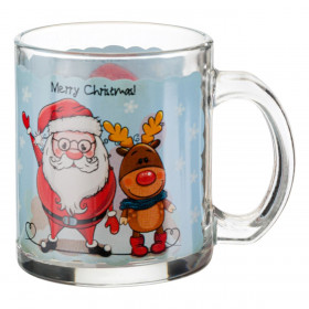 Χριστουγεννιάτικη Κούπα Γυάλινη Διάφανη με Τύπωμα Άγιος Βασίλη &amp Ταρανδάκι 315ml
