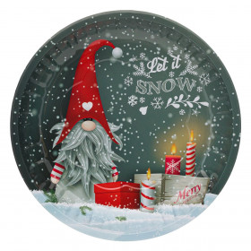 Χριστουγεννιάτικο Διακοσμητικό Μεταλλικό Πιάτο Γκρι Άγιος Βασίλης Gnome Κόκκινο Σκουφί 26cm