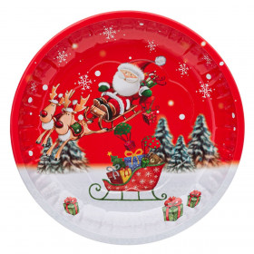 Χριστουγεννιάτικο Διακοσμητικό Μεταλλικό Πιάτο Κόκκινο Άγιος Βασίλης Έλκηθρο 26cm