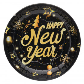 Χριστουγεννιάτικο Διακοσμητικό Μεταλλικό Πιάτο Μαύρο Happy New Year 26cm