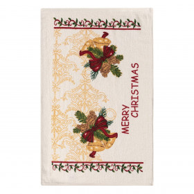 Xριστουγεννιάτικη Πετσέτα Κουζίνας Eκρού Καμπάνες Γκι 60x35cm