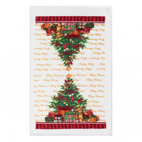 Xριστουγεννιάτικη Πετσέτα Κουζίνας Βαμβακερή Λευκή Στολισμένο Δέντρο με Δώρα 60x35cm