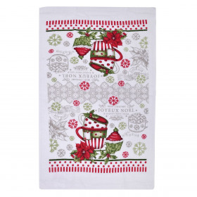 Χριστουγεννιάτικη Πετσέτα Κουζίνας Βαμβακερή Λευκή Κούπες Cupcake Κόκκινα Αλεξανδρινά 60x35cm