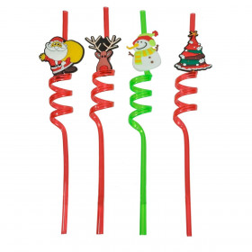 Xριστουγεννιάτικα Καλαμάκια Πλαστικά Στριφτά Άη Βασίλης Tάρανδος Χιονάνθρωπος Δέντρο 6x270 mm - 4 τμ