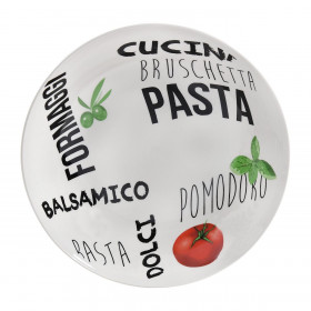 Πιάτο Σερβιρίσματος Ζυμαρικών Βαθύ Πορσελάνη Λευκό Μαύρα Γράμματα Ντομάτα Βασιλικός 20cm