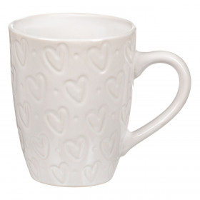 Κούπα Κεραμική Οβάλ Λευκή Ανάγλυφο Σχέδιο Καρδιές 350 ml