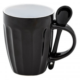 Κούπα Κεραμική Οβάλ Μαύρη Ανάγλυφα Αυλάκια με Κουταλάκι 330 ml