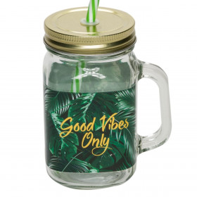Ποτήρι Βαρελάκι Γυάλινο Με Καλαμάκι Good Vibes 450 ml.