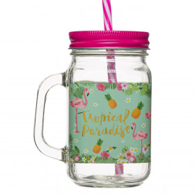 Ποτήρι Βαρελάκι Γυάλινο με Καλαμάκι Φλαμίνγκο 450 ml