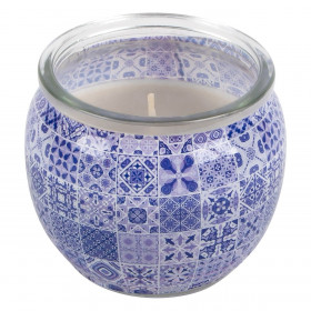 Κερί Aρωματικό Eκρού σε Στρογγυλό Ποτήρι Μπλε Τiles Γιασεμί 6.5x6.8 cm