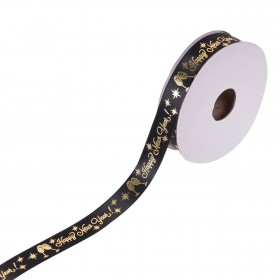 Χριστουγεννιάτικη Διακοσμητική Κορδέλα Δέντρου Μαύρη Χρυσά Γράμματα &quotHappy New Year&quot 5m x 15mm