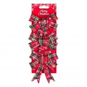 Χριστουγεννιάτικοι Διακοσμητικοί Φιόγκοι Κόκκινο Καρό Λευκές Νιφάδες 13 cm - 3 τμχ.