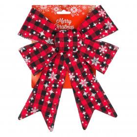 Χριστουγεννιάτικος Διακοσμητικός Φιόγκος Κόκκινο Μαύρο Καρό Νιφάδες 27 cm