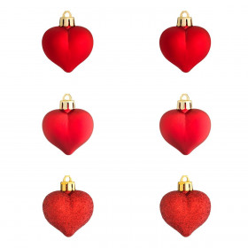 Σετ Χριστουγεννιάτικα Στολίδια Καρδιές Κόκκινες Ματ Γυαλιστερές Glitter 5 cm - 6 τμχ.