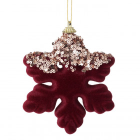 Χριστουγεννιάτικο Στολίδι Δέντρου Αφρώδης Χιονονιφάδα Βελουτέ Μπορντό Πούλιες 12cm