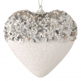 Χριστουγεννιάτικο Στολίδι Δέντρου Καρδιά Αφρώδης Λευκή Πούλιες Ασημί Glitter 11 cm