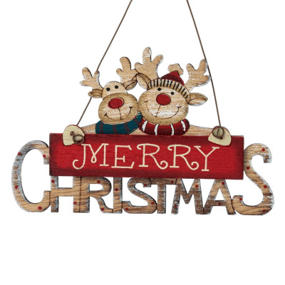 Χριστουγεννιάτικο Στολίδι Δέντρου Vintage Ξύλινη Επιγραφή &quotMerry Christmas&quot Τάρανδοι 12cm