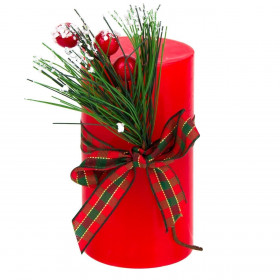 Κερί Κολώνα Χριστουγεννιάτικο Κόκκινο Πεύκο Kαρό Κορδέλα 5x9cm