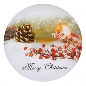 Χριστουγεννιάτικο Πιάτο Γλυκού Γυάλινο Χιόνι Γκι Κουκουνάρια &quotMerry Christmas&quot 15cm