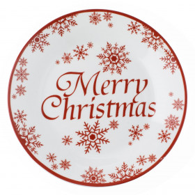 Χριστουγεννιάτικο Πιάτο Πορσελάνη Λευκό Κόκκινες Νιφάδες Merry Christmas 19cm