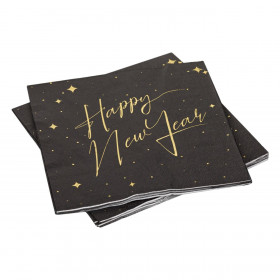 Χαρτοπετσέτες Χριστουγεννιάτικες Μαύρες Χρυσά Foil Αστέρια Happy New Year 33x33 cm - 12 τμχ.