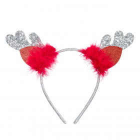 Στέκα Χριστουγεννιάτικη Ασημί Glitter Κέρατα Ταράνδου Κόκκινα Πούπουλα