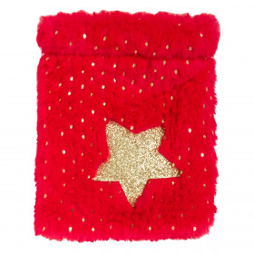 Χριστουγεννιάτικο Πουγκί Δώρου Γούνινο Κόκκινο Χρυσό Αστέρι Glitter 11x15 cm