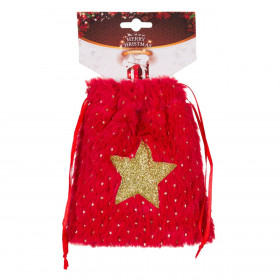 Χριστουγεννιάτικο Πουγκί Δώρου Γούνινο Κόκκινο Χρυσό Αστέρι Glitter 11x15cm