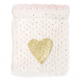 Χριστουγεννιάτικο Πουγκί Δώρου Γούνινο Λευκό Χρυσή Καρδιά Glitter 11x15 cm