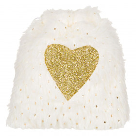 Χριστουγεννιάτικο Πουγκί Δώρου Γούνινο Λευκό Χρυσή Καρδιά Glitter 11x15cm