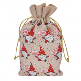 Χριστουγεννιάτικο Πουγκί Δώρου Υφασμάτινο Μπεζ Φιγούρες Άγιος Βασίλης Gnome 15x24cm